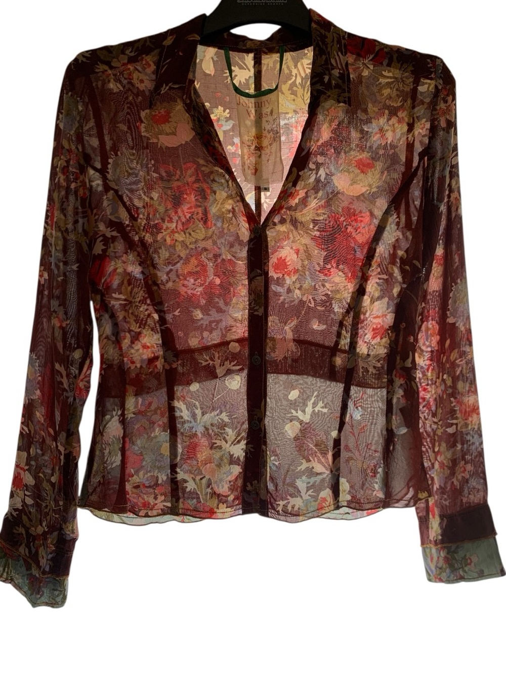 Johnny Was Floral Sheer Layered Button Front Blouse Boho Size S Like New